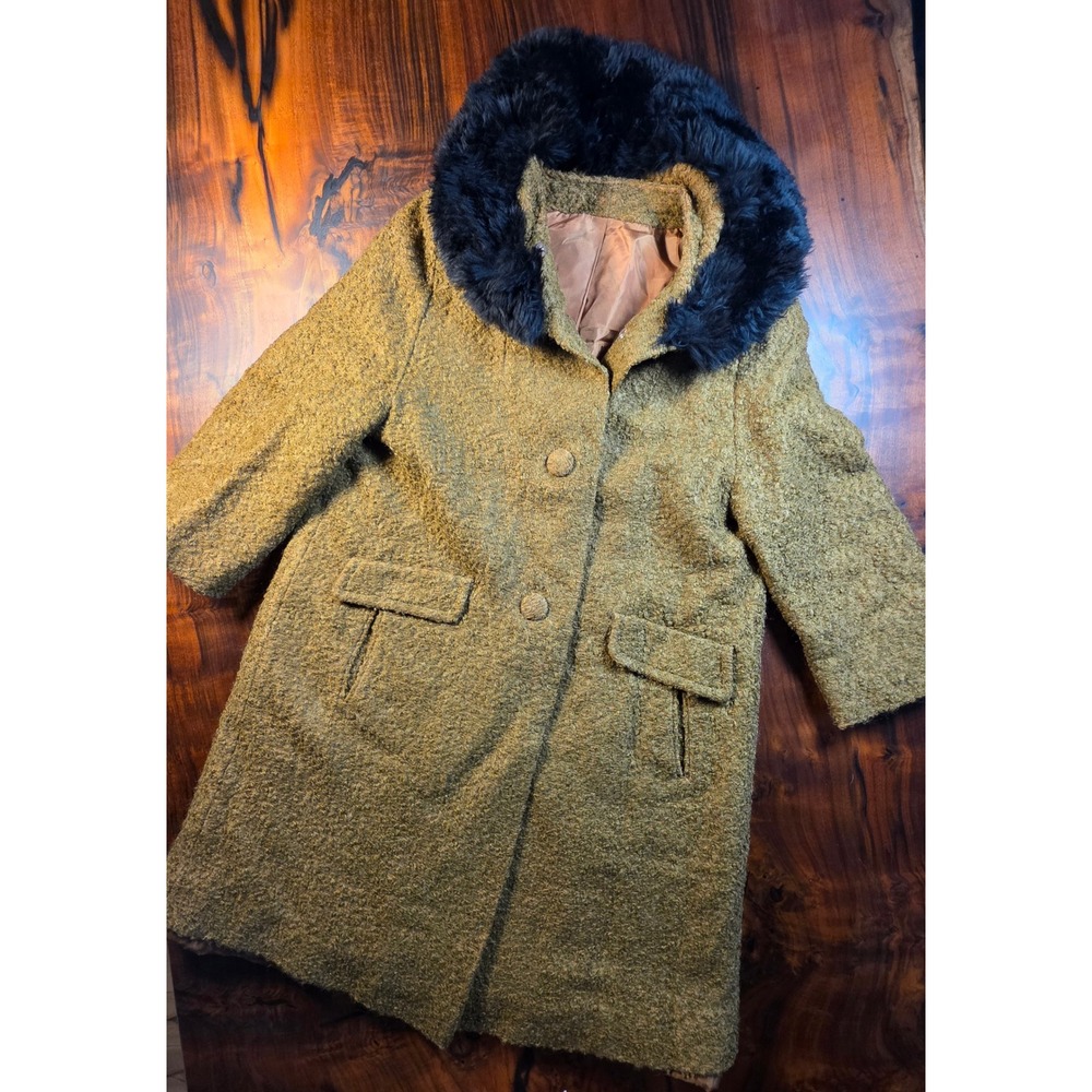 Vintage Sears Fashion Olive Green Boucle Coat Black Faux Fur Collar Mid Century